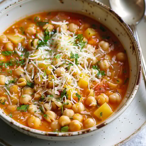 Une soupe chaude avec des pois chiches et des pâtes.