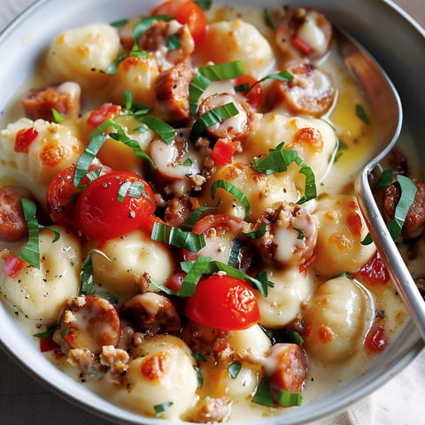 Une assiette de gnocchis au fromage et à la saucisse, avec des tomates et des herbes fraîches.