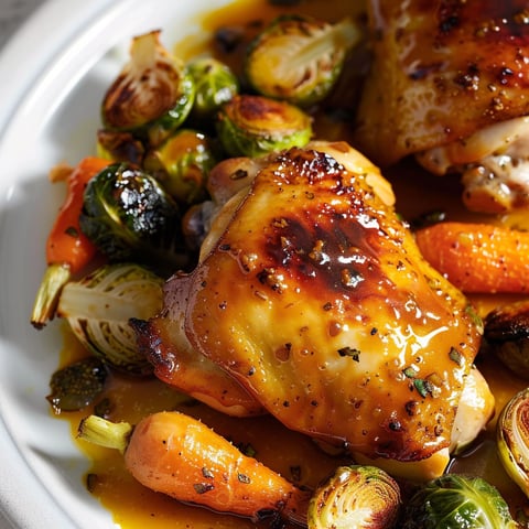 Une assiette de poulet grillé avec des légumes verts et des carottes, accompagnée d'une sauce moutarde et miel.