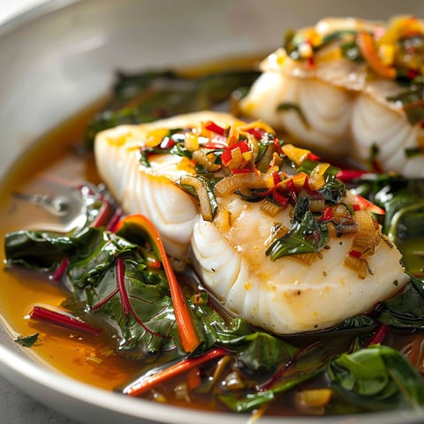 Poisson blanc, bouillon au gingembre et bettes à carde.