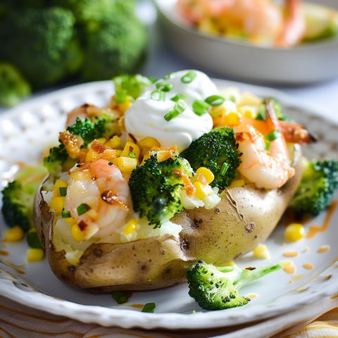Une assiette de pommes de terre farcies au brocoli, au maïs et aux crevettes nordiques.