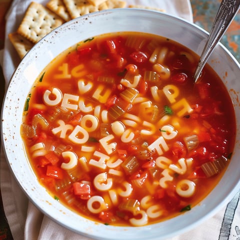 Une soupe en forme de lettres est servie dans un bol.
