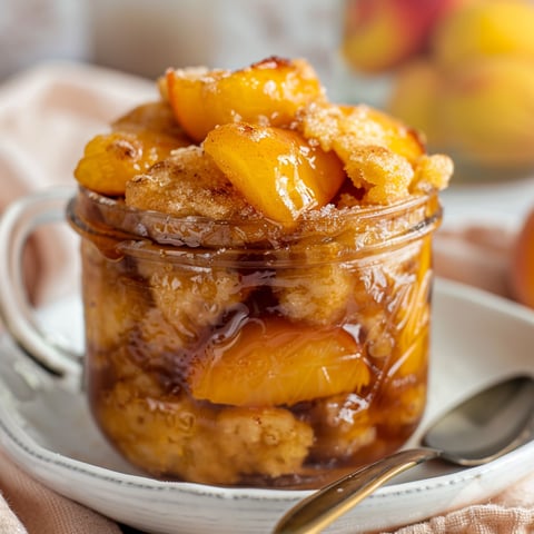 Une tarte aux pêches en pots, garnie de crumble de pommes, est servie sur un plateau.