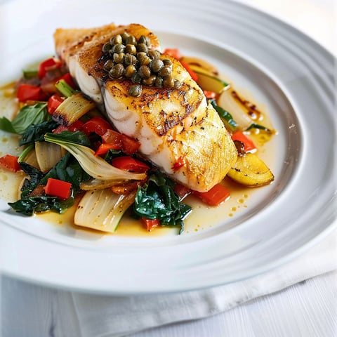Poisson grillé avec légumes rôtis et beurre noisette, accompagné de câpres et d'anchois.