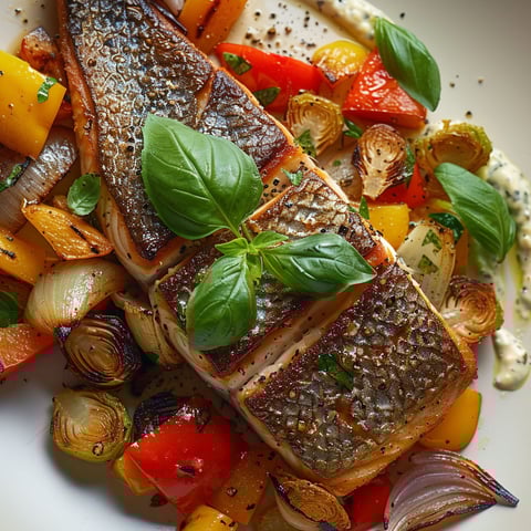 Une truite grillée avec des légumes rôtis et des feuilles de basilic.