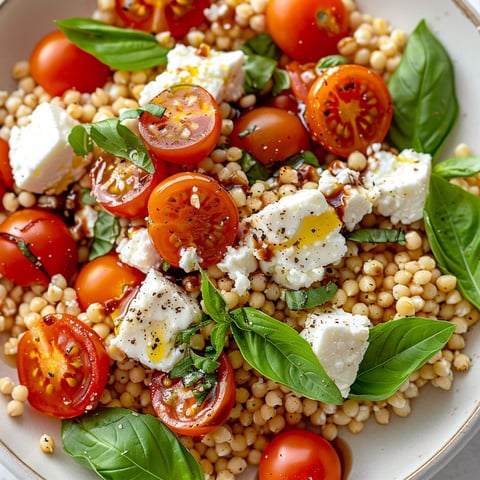 Une salade de boulgour, tomates cerises et chèvre frais, avec des feuilles de basilic et des herbes fraîches.