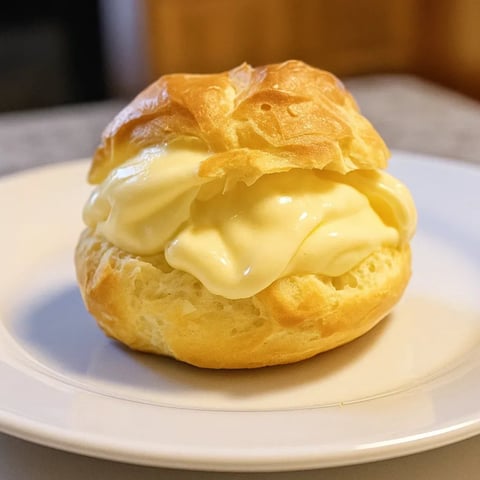 Une pâte brisée choux à la crème pâtissière sur un plateau.