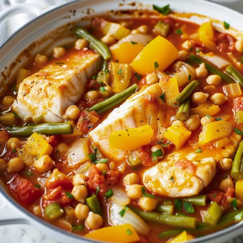 Casserole de poisson aux tomates et aux haricots verts.