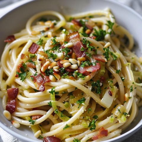 Un plat de spaghetti avec des poireaux, des bacon et des noix de pin.