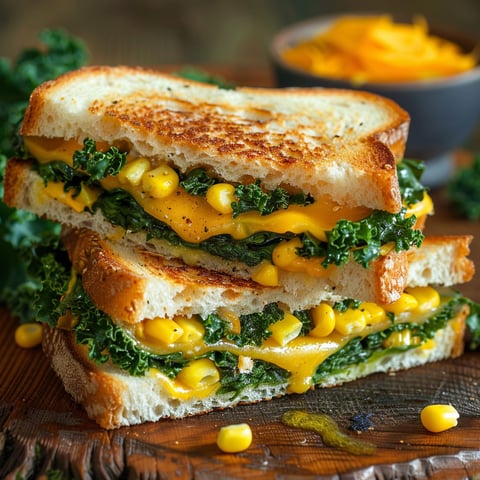 Une grilled cheese au kale est servie sur un plateau.