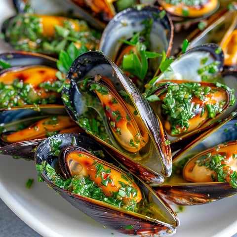 Plate of mussels with a green sauce, a recipe called Moules barbecue à la salsa verde.