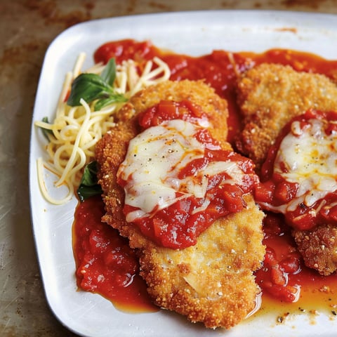 Un plat de poulet pané aux tomates et à la parmigiana.