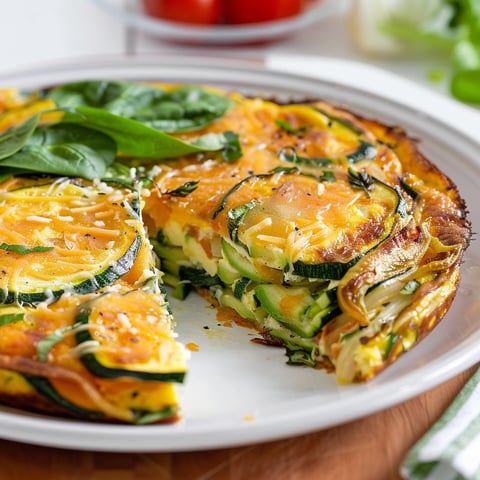Une frittata aux légumes verts et au cheddar est servie sur un plateau.
