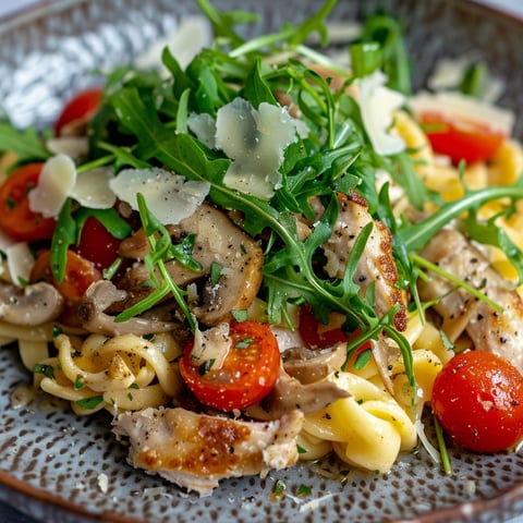 Une plate de Spätzles à la roquette et au poulet, avec des tomates, des champignons et des herbes vertes.
