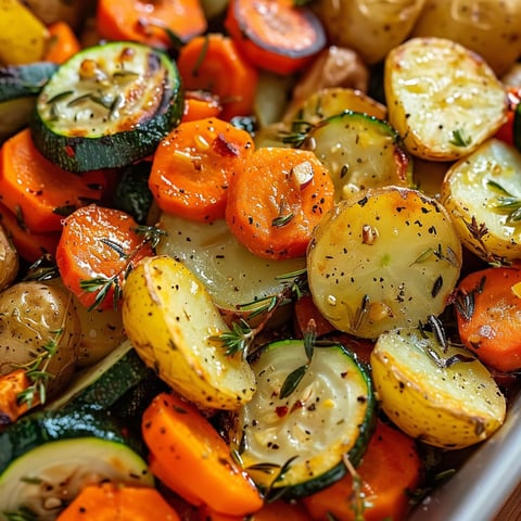 Une assiette de légumes rôtis à l'ail et aux herbes, incluant des carottes, des courgettes et des aubergines.