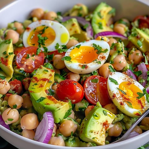 Une salade d'avocat, œuf et pois chiches est servie dans un bol.