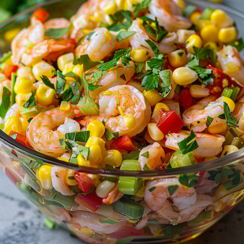 Salade de crevettes nordiques et de maïs dans un bol.