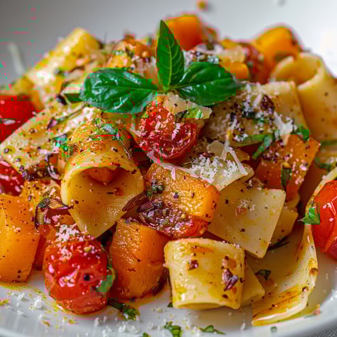 Une plate de Pappardelles à la courge et aux tomates rôties, garnie de basilic et de parmesan.