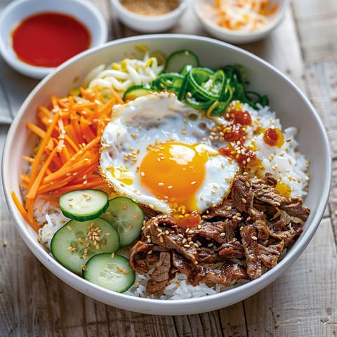 Un bol de Bibimbap coréen contenant des légumes, des carottes, des cucumbers, des oeufs et du boeuf.