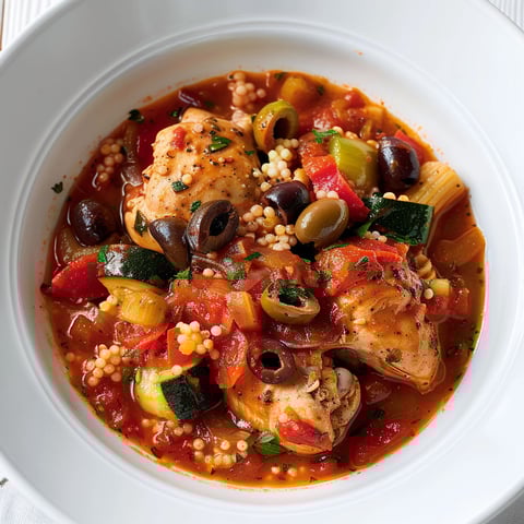 Une fricassée de poulet aux olives est servie dans un bol blanc.