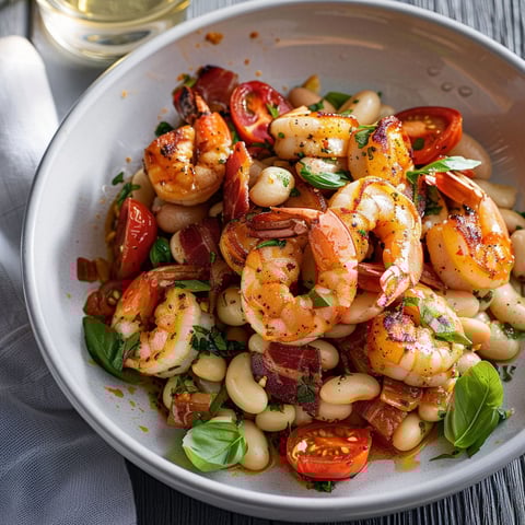 Une salade de haricots blancs et de crevettes grillées est servie dans un bol.