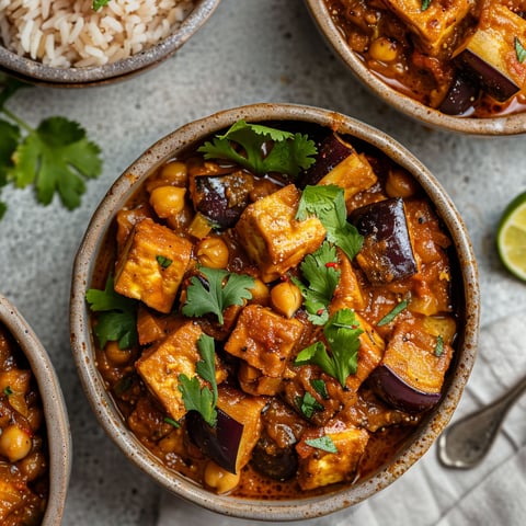 Une recette de Cari d'aubergine, de tofu et de pois chiches est servie dans des assiettes.