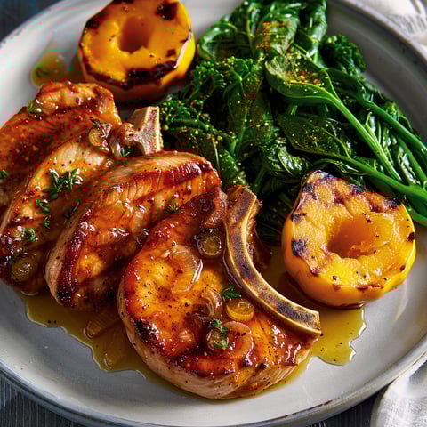 Une assiette de côtelettes de porc avec des légumes verts et des fruits.
