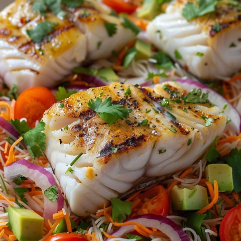 Poisson grillé et vermicelles aux légumes - Poisson grillé avec des légumes tels que des carottes, des avocats, des tomates et des oignons, accompagnés de vermicelles.