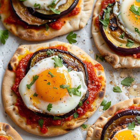 Une pizza maison faite avec des aubergines et des œufs.
