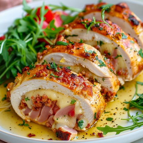 Poulet farci au fromage Oka façon cordon bleu, avec des légumes verts et des herbes, sur un plateau.