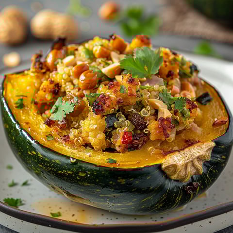 Une courge farcie au quinoa et au cheddar d'ici, avec des noix et des herbes, est servie sur un plateau.