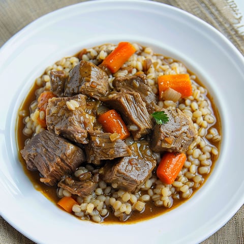 Un plat de boeuf à la moutarde et à l'orge, avec des carottes et des pâtes.