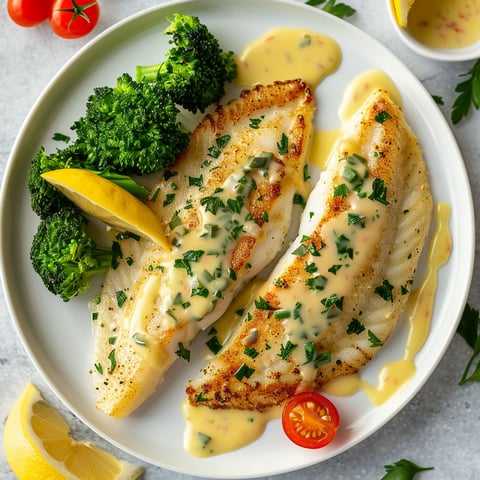 Un filet de sole avec des anchois et une sauce mayonnaise citron.