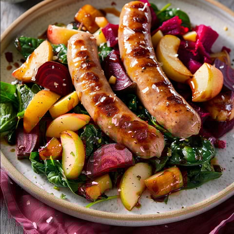 Une salade de saucisses rôties, betteraves chaudes et pommes caramélisées, servie dans un plat en céramique.