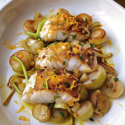 Poisson à l'orange, au fenouil et au poireau, servis sur une assiette blanche.