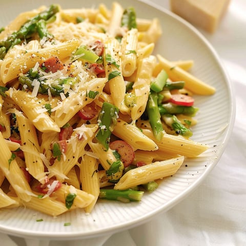 Une plate de penne aux asperges, au jalapeño et au cheddar.