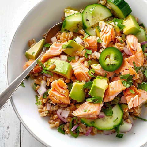 Salade froide d'épeautre au saumon et à l'avocat.