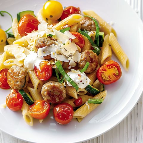 Une plate de penne aux tomates et à la saucisse italienne.