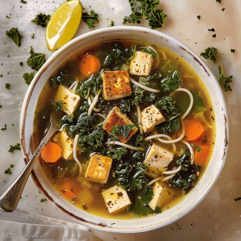 Une soupe au tofu et au kale est servie dans un bol en céramique.