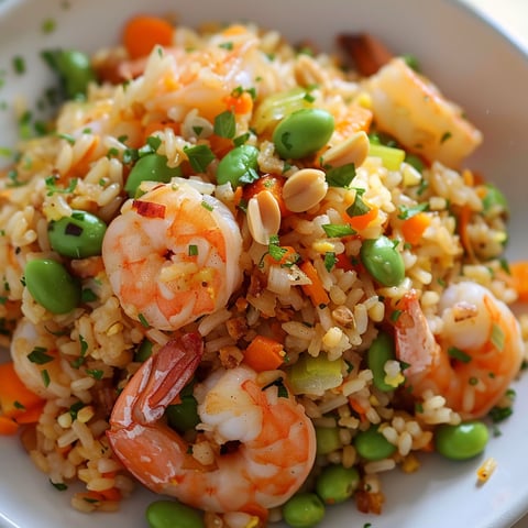 Riz frit à l'edamame et aux crevettes, une recette savoureuse et colorée, est servie dans un bol en porcelaine.