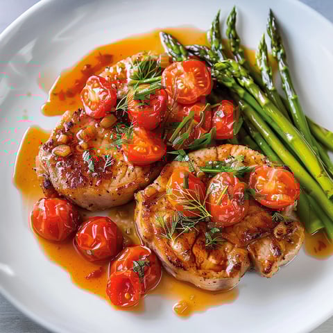 Plate of chicken with tomatoes and asparagus, cooked with a sauce.