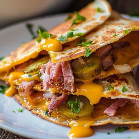 Une quesadilla à la viande fumée et au cheddar, avec des épinards et des oignons, est servie sur un plateau.