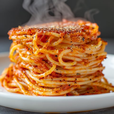 Une pile de spaghettis collés sur un plateau.