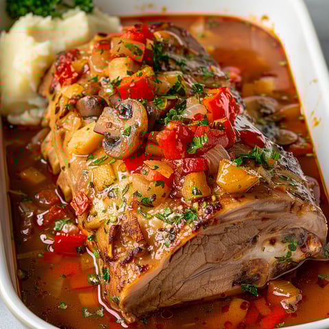 Un morceau de porc braisé aux champignons et à la tomate, accompagné de pommes de terre et de légumes verts.