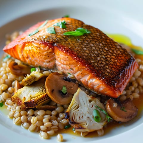 Saumon poêlé et orge aux champignons, une recette savoureuse et colorée, est servie sur un plateau en porcelaine.