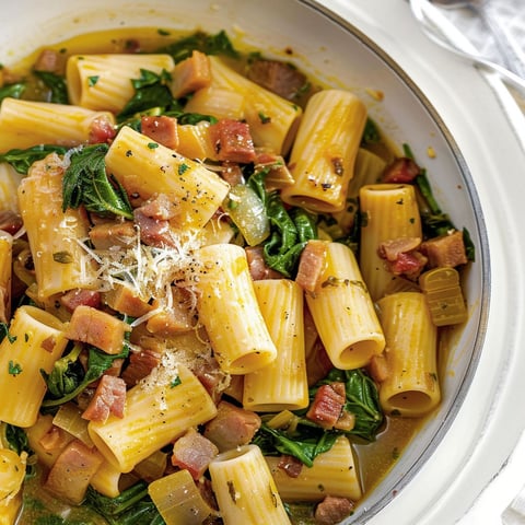 Rigatonis au porc, au citron et aux épinards - une recette savoureuse et colorée avec des pâtes rigolotes, du porc, des épinards et du citron.
