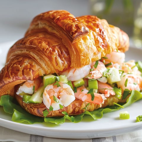 Une croissant aux crevettes nordiques est servie sur un plateau.