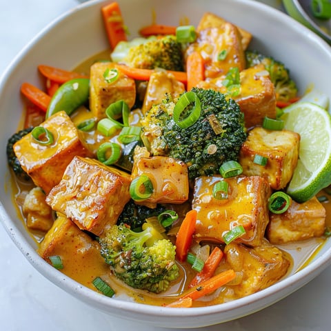 Un plat de Sauté de tofu au cari, avec des légumes verts et des carottes.
