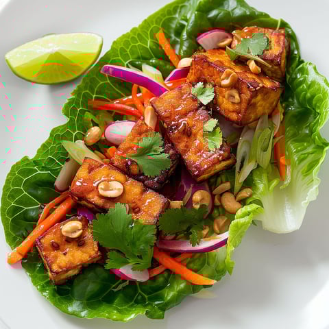 Une salade de nems au tofu avec des légumes frais et des noix.