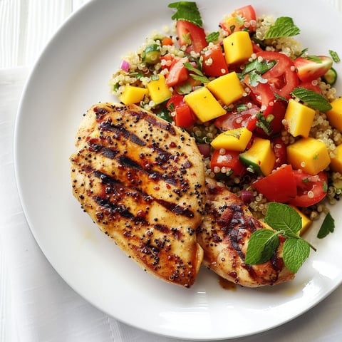 Un poulet grillé avec une salade de tomates et de quinoa à la mangue.